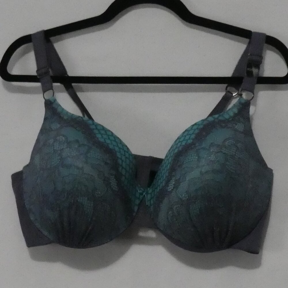 AG - ASHLEY GRAHAM | 40 DDD | Grey Lace Turquoise Overlay Bra | Wired